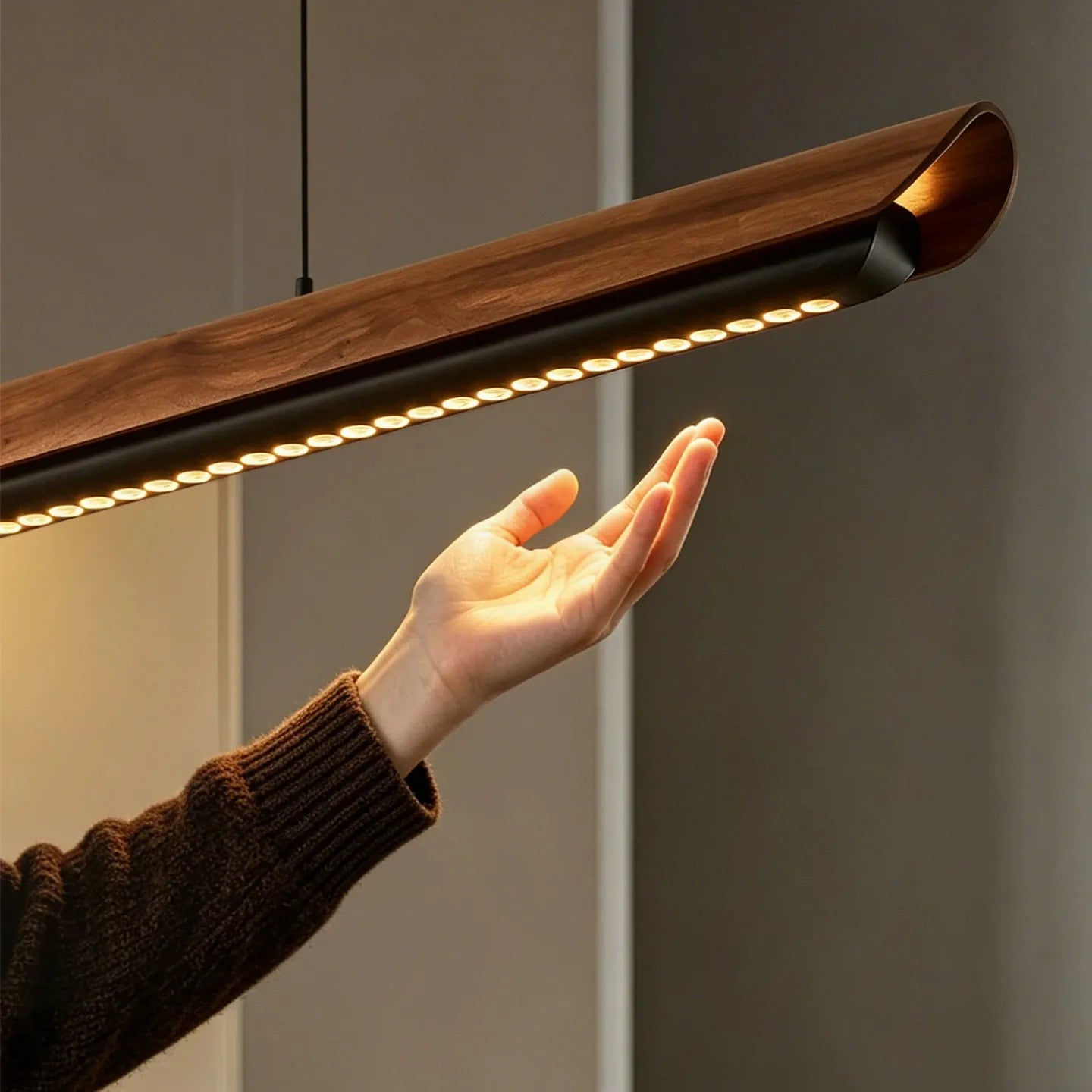 Organic Modern Walnut Linear Pendant Light - Minimalist Black LED Island Chandeliers