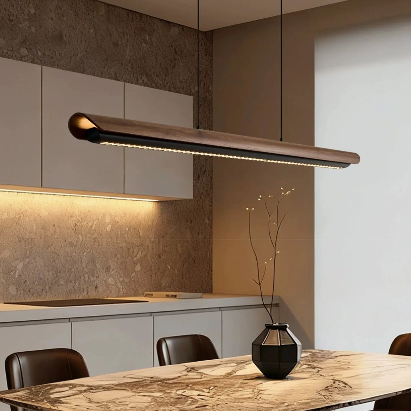 Organic Modern Walnut Linear Pendant Light - Minimalist Black LED Island Chandeliers