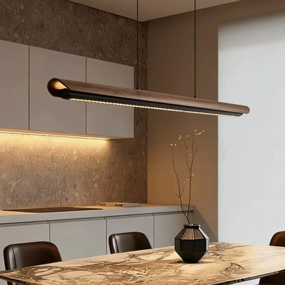 Organic Modern Walnut Linear Pendant Light - Minimalist Black LED Island Chandeliers
