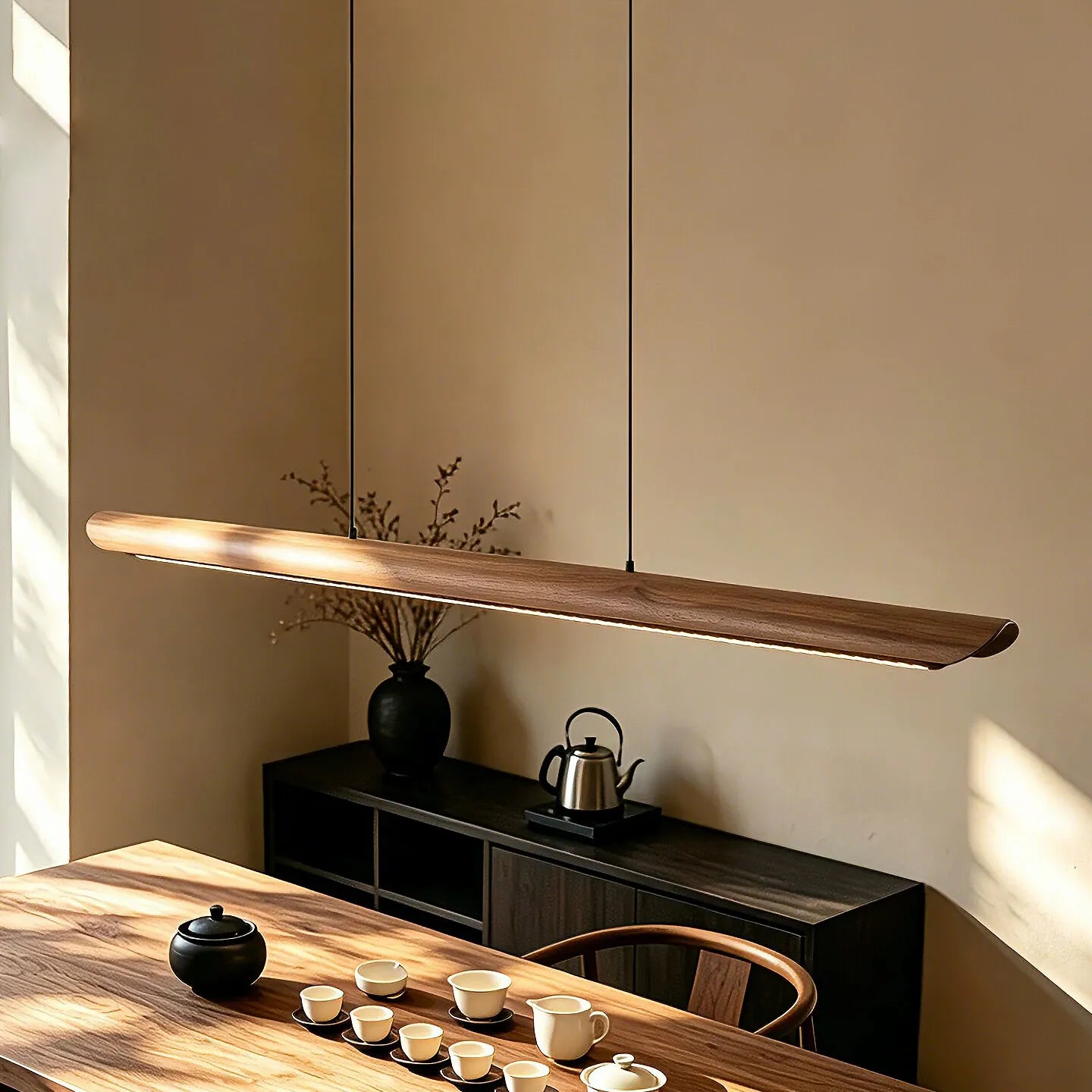 Organic Modern Walnut Linear Pendant Light - Minimalist Black LED Island Chandeliers