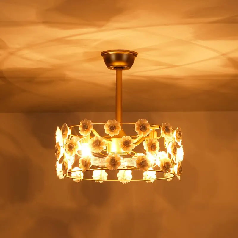 Hushwing 20" Floral Ceramic Fandelier - Gold Ceiling Fan Light