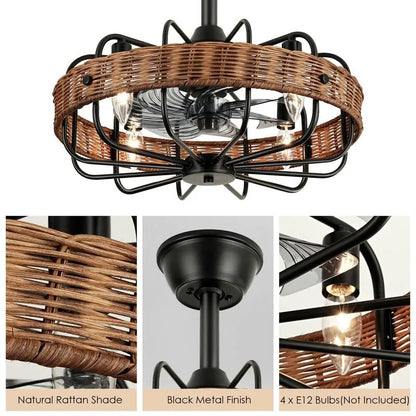 Rattan Ceiling Fan Chandelier | Boho Vintage Cage Fandolier