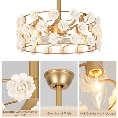 Hushwing 20" Floral Ceramic Fandelier - Gold Ceiling Fan Light