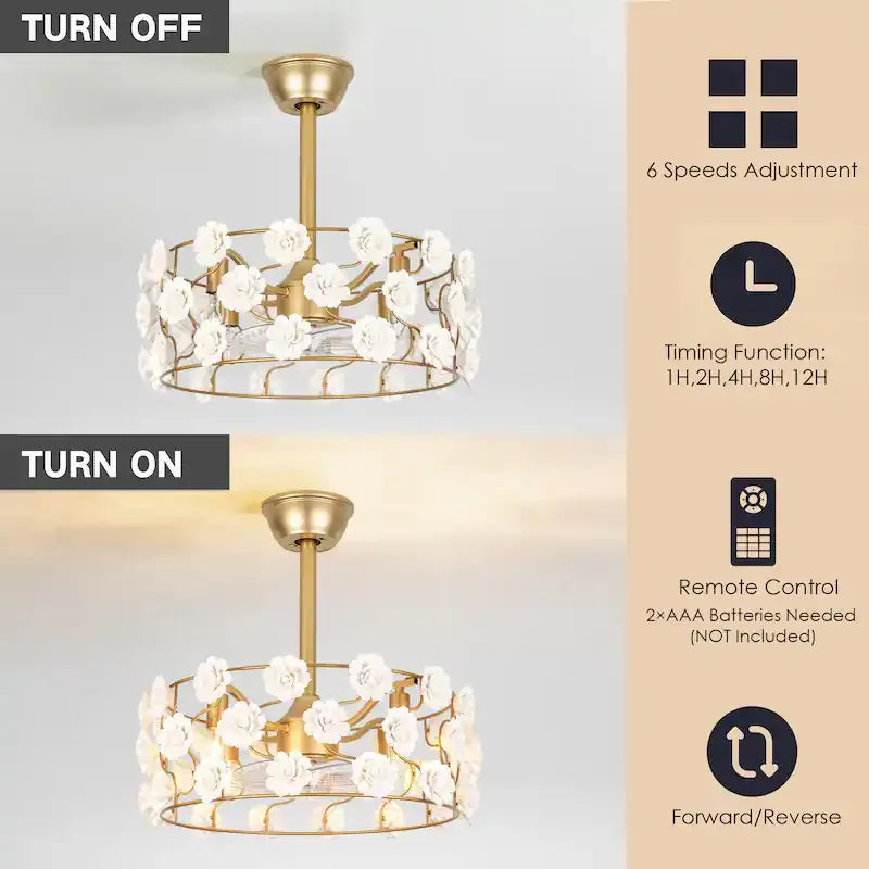 Hushwing 20" Floral Ceramic Fandelier - Gold Ceiling Fan Light