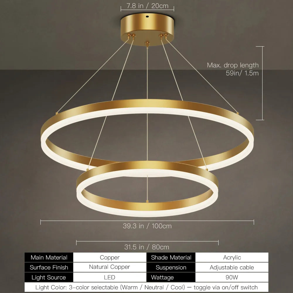 Copper acrylic ring chandelier with adjustable cables and warm LED glow