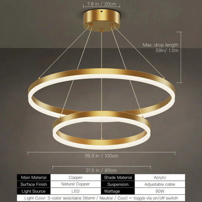 Copper acrylic ring chandelier with adjustable cables and warm LED glow