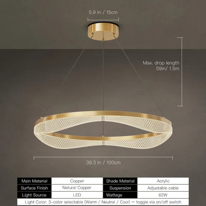 Gold Ring Chandelier with Acrylic LED Diffuser for Dining Room