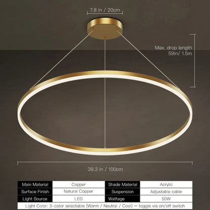 Modern Gold LED Ring Chandelier, 3CCT Adjustable Pendant | Hushwing