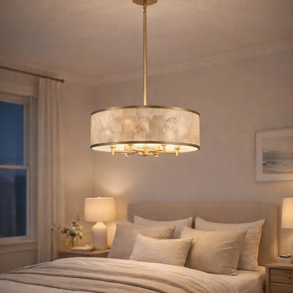 20" Gold Capiz Shell Drum Chandelier | Coastal Modern Light