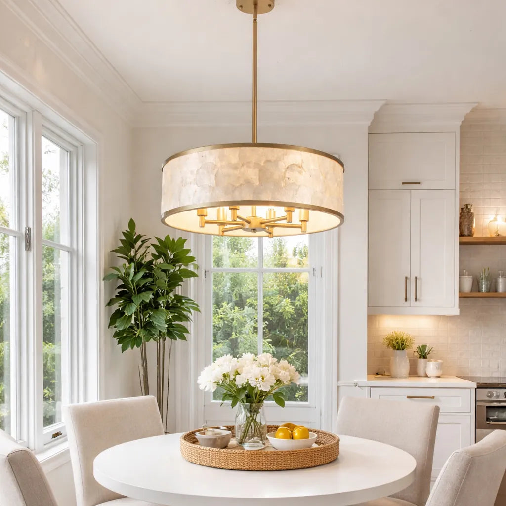 20" Gold Capiz Shell Drum Chandelier | Coastal Modern Light