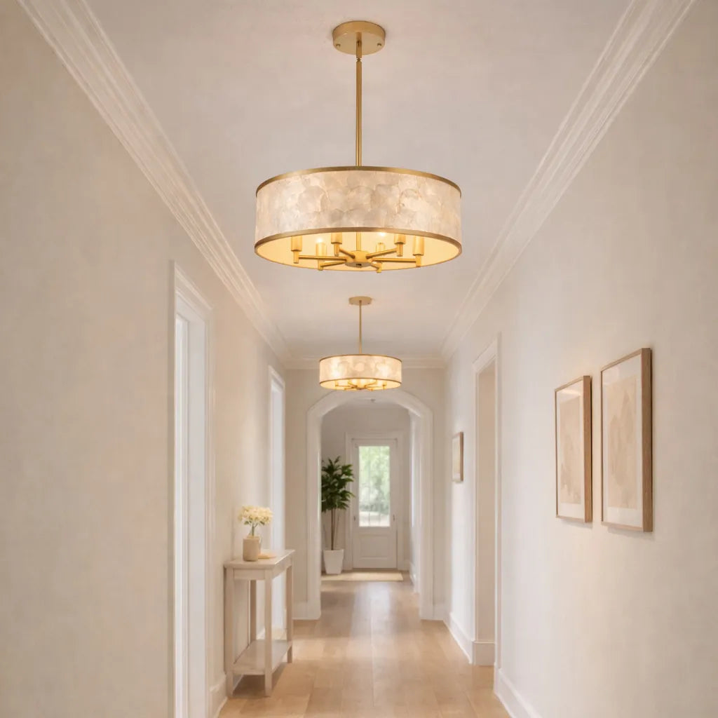 20" Gold Capiz Shell Drum Chandelier | Coastal Modern Light
