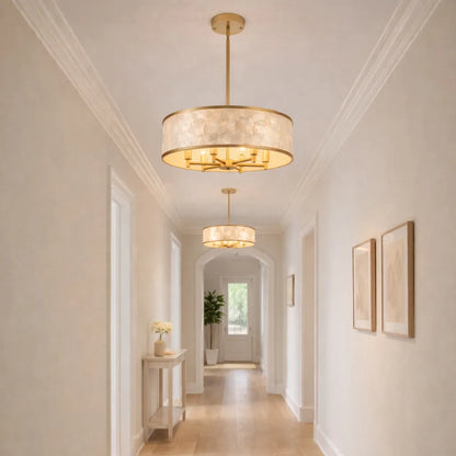 20" Gold Capiz Shell Drum Chandelier | Coastal Modern Light