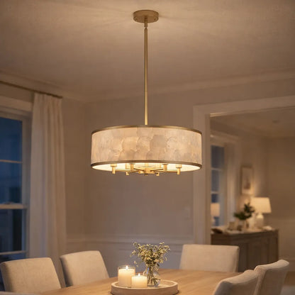 20" Gold Capiz Shell Drum Chandelier | Coastal Modern Light