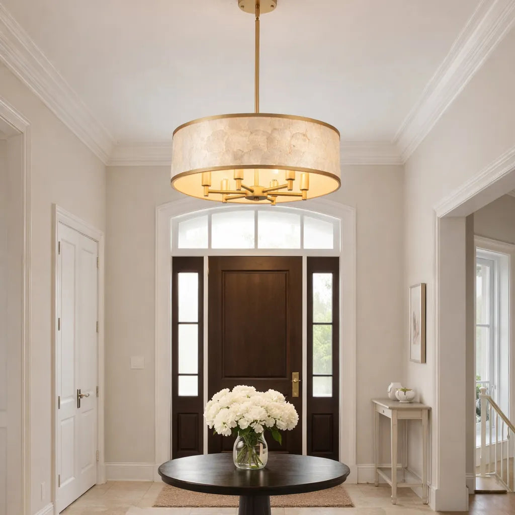 20" Gold Capiz Shell Drum Chandelier | Coastal Modern Light