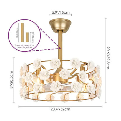 Hushwing 20" Floral Ceramic Fandelier - Gold Ceiling Fan Light