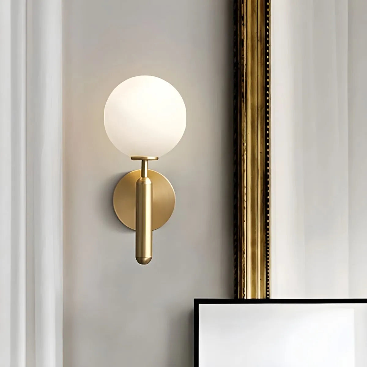 Brass Globe Wall Sconce | Modern Brass Milk Glass Vanity Light