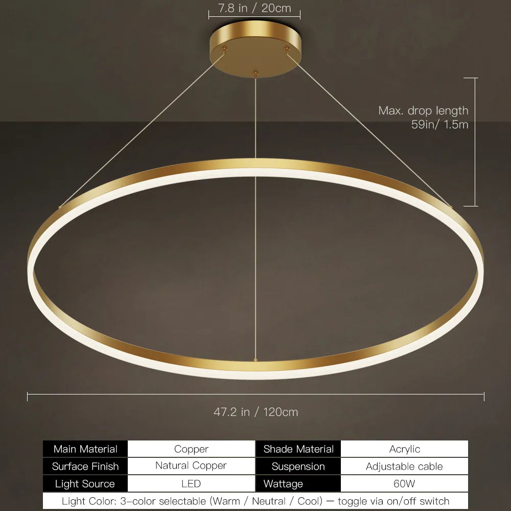 Modern Gold LED Ring Chandelier, 3CCT Adjustable Pendant | Hushwing