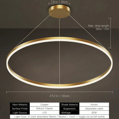 Modern Gold LED Ring Chandelier, 3CCT Adjustable Pendant | Hushwing