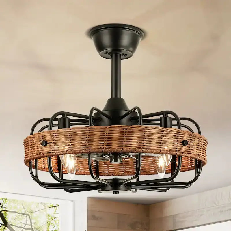 Rattan Ceiling Fan Chandelier | Boho Vintage Cage Fandolier