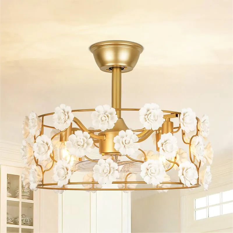 Hushwing 20" Floral Ceramic Fandelier - Gold Ceiling Fan Light