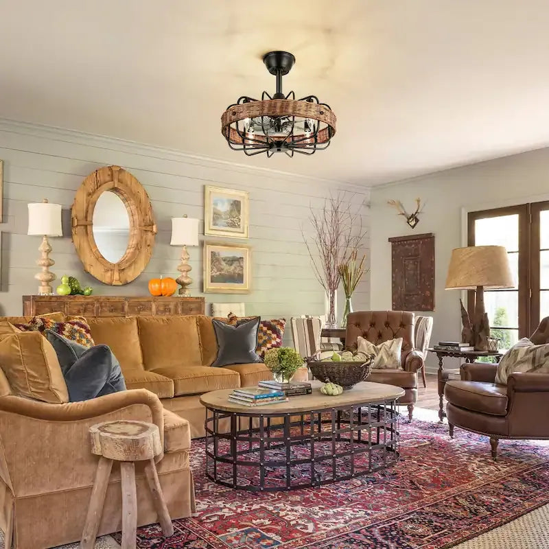 Rattan Ceiling Fan Chandelier | Boho Vintage Cage Fandolier