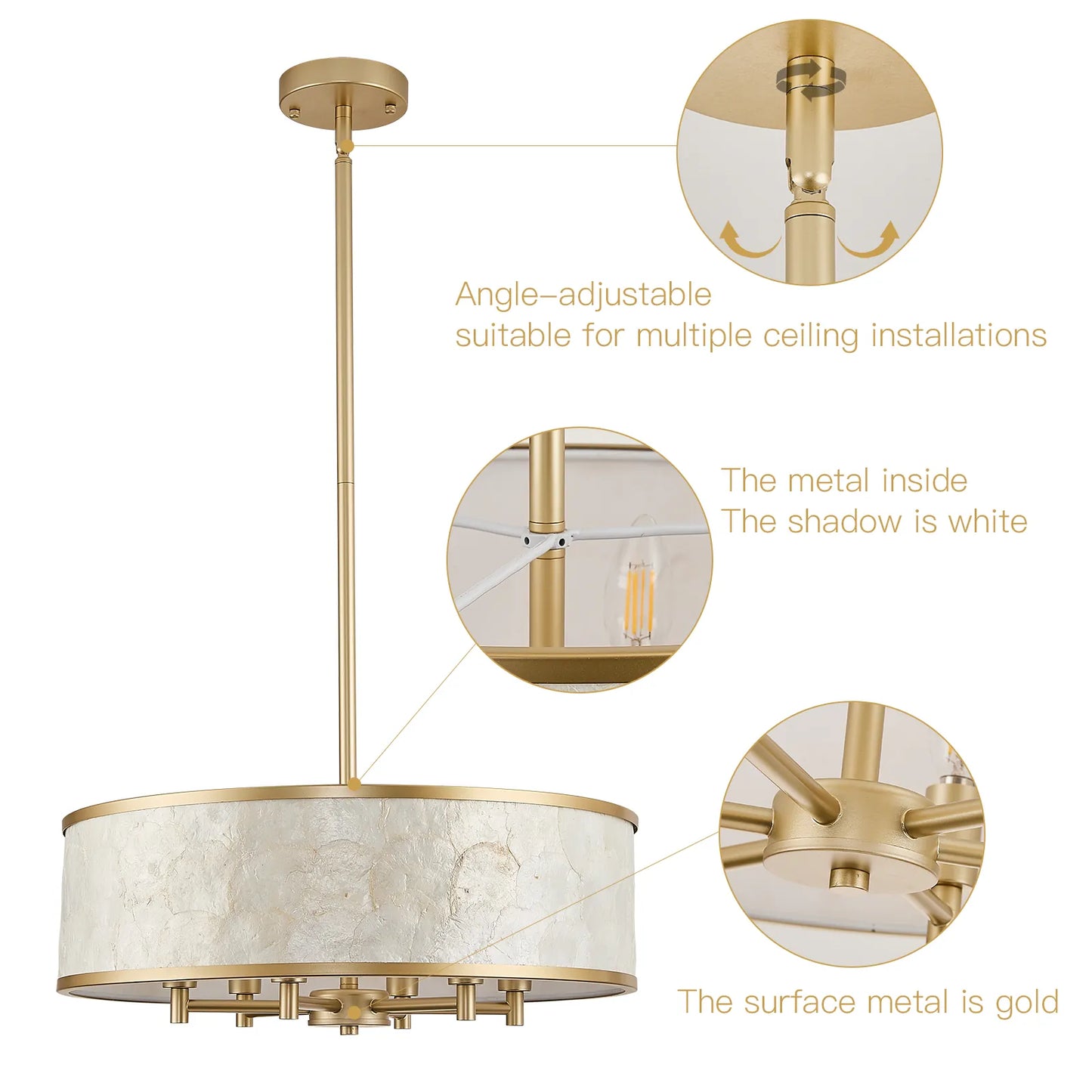 20" Gold Capiz Shell Drum Chandelier | Coastal Modern Light