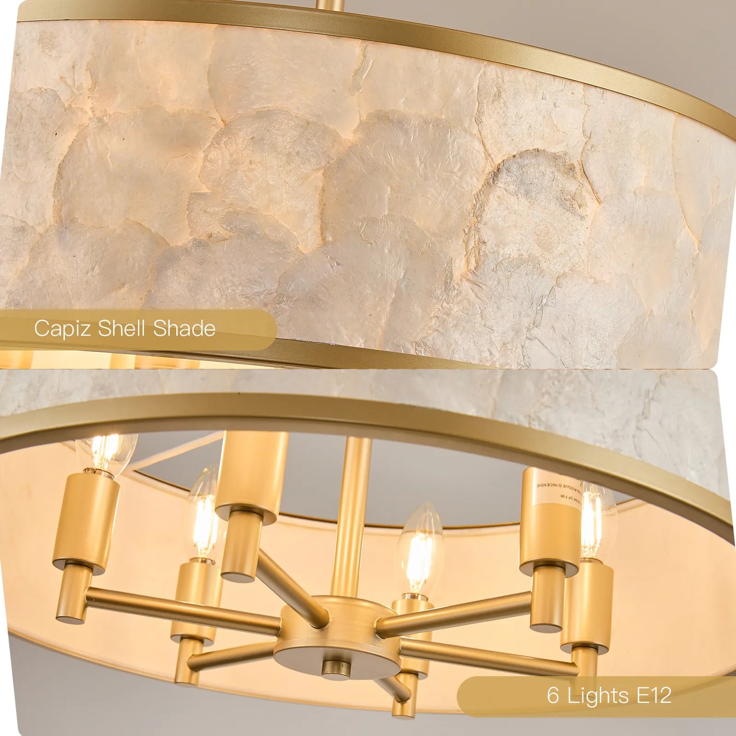 20" Gold Capiz Shell Drum Chandelier | Coastal Modern Light