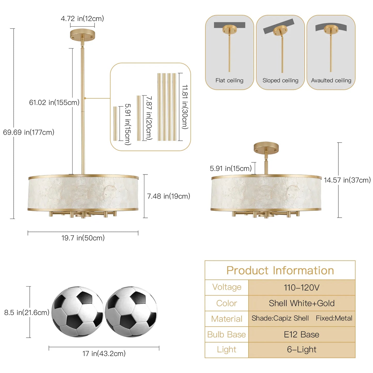 20" Gold Capiz Shell Drum Chandelier | Coastal Modern Light