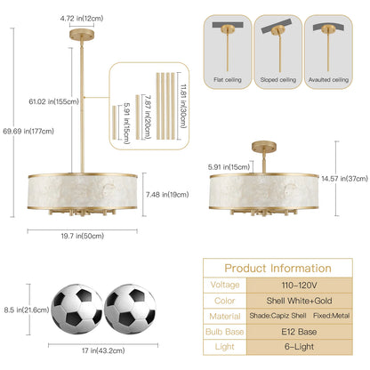 20" Gold Capiz Shell Drum Chandelier | Coastal Modern Light