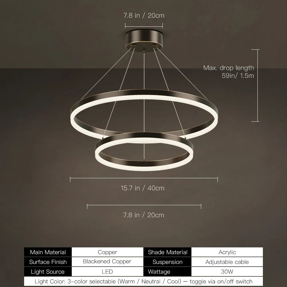Blackened copper double ring LED chandelier size diagram, 40cm and 20cm rings