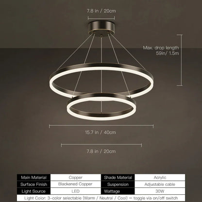 Blackened copper double ring LED chandelier size diagram, 40cm and 20cm rings