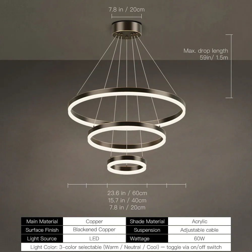 LED ring chandelier dimensions: 24, 32, 39, or 47 inch diameter with 59 inch max drop
