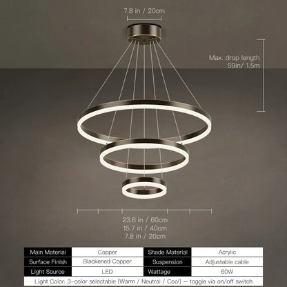 LED ring chandelier dimensions: 24, 32, 39, or 47 inch diameter with 59 inch max drop