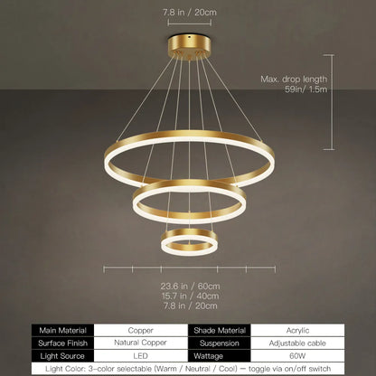 Gold 3-tier LED ring chandelier size chart with 60W, 90W, 120W, 150W and 59 inch max drop