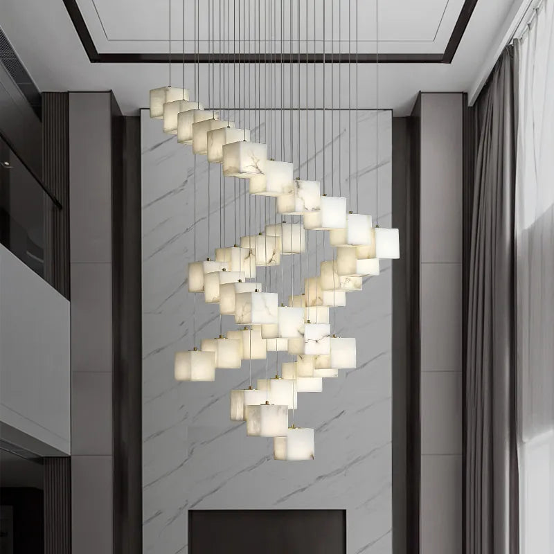 Natural Alabaster Pendant Light | Luxury Spiral Cube Chandelier