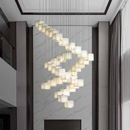 Natural Alabaster Pendant Light | Luxury Spiral Cube Chandelier