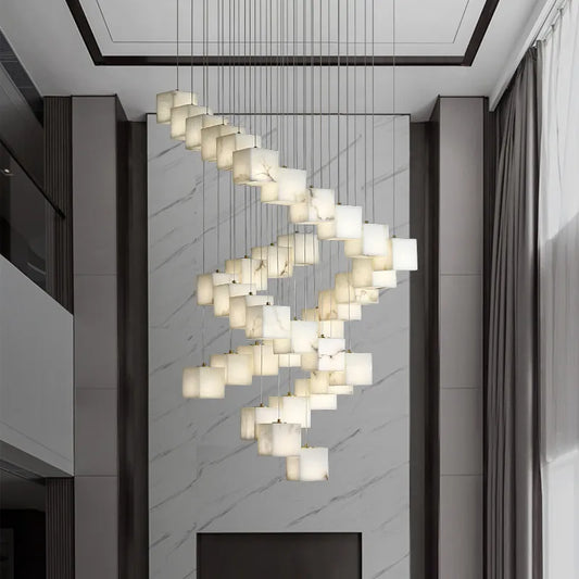 Natural Alabaster Pendant Light | Luxury Spiral Cube Chandelier
