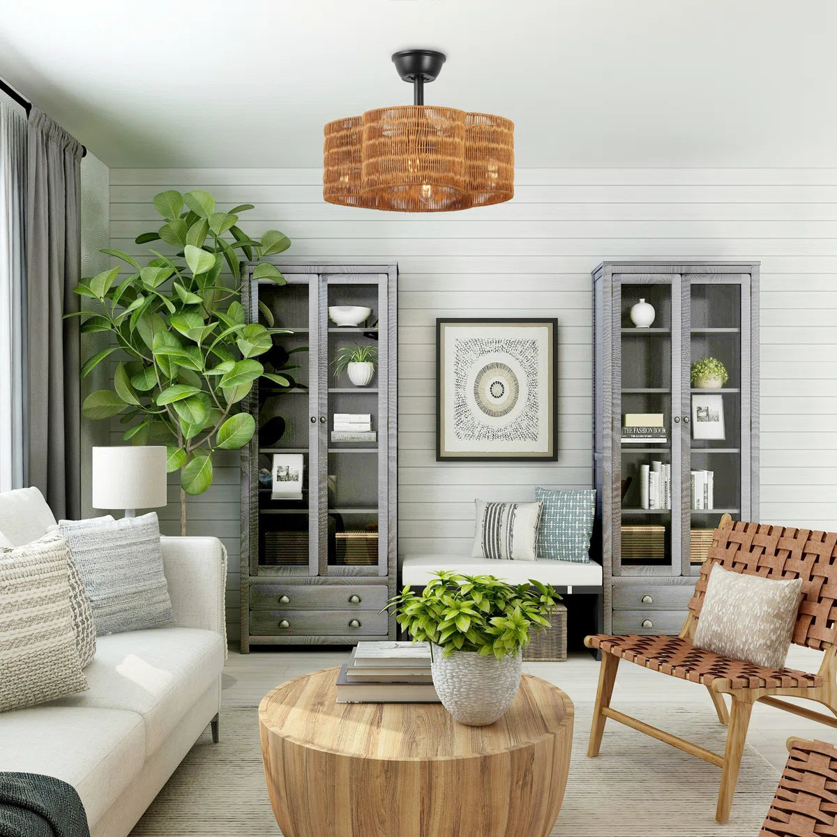 Rustic Rattan Fandelier with Light | Black Vintage Ceiling Fan