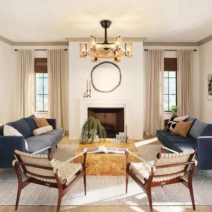 Rustic Farmhouse Wood Finish 6-Light Fandelier with Remote (26.4")