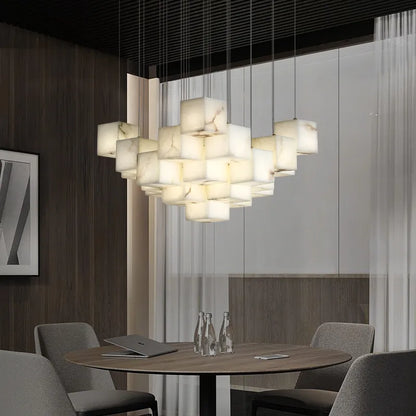 Natural Alabaster Pendant Light | Luxury Spiral Cube Chandelier