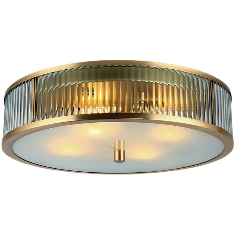 Brushed Brass Ribbed Glass Ceiling Light | Modern Flush Mount Lamp
