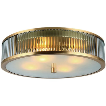 Brushed Brass Ribbed Glass Ceiling Light | Modern Flush Mount Lamp