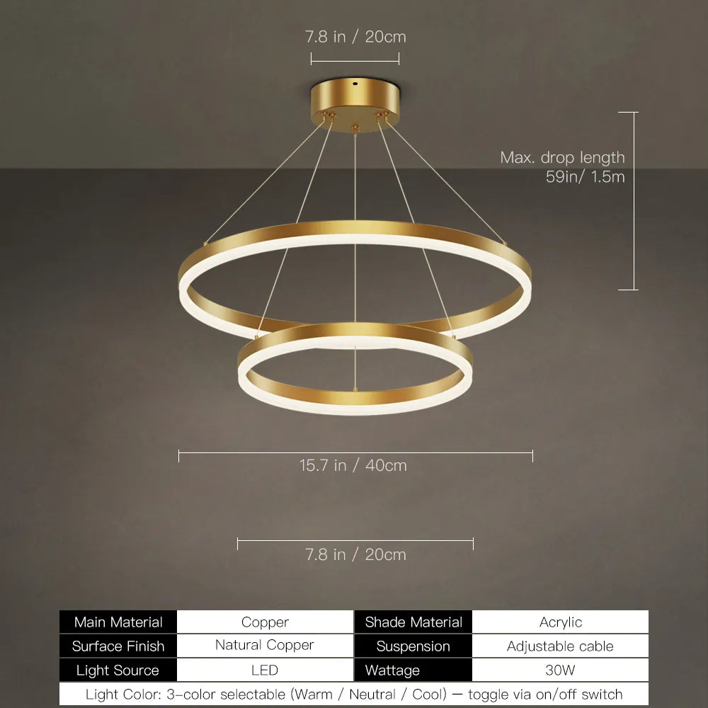 Copper acrylic ring chandelier with adjustable cables and warm LED glow