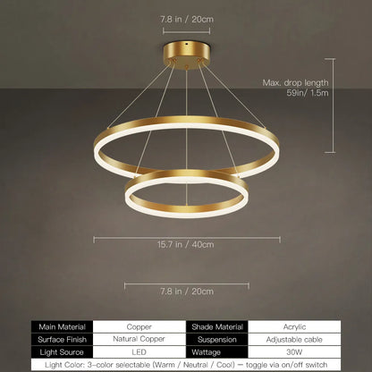 Copper acrylic ring chandelier with adjustable cables and warm LED glow