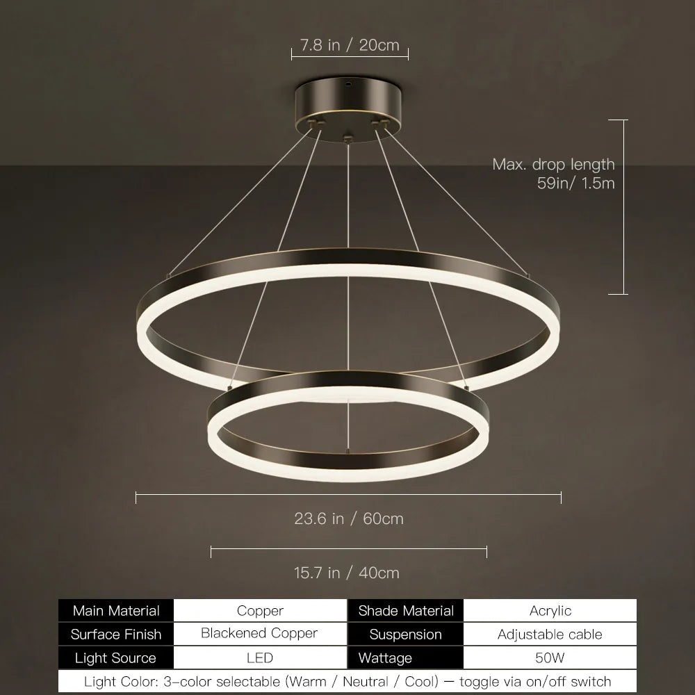 Blackened copper double ring LED chandelier size diagram, 60cm and 40cm rings
