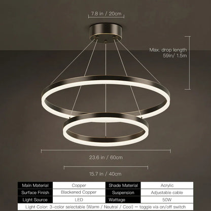 Blackened copper double ring LED chandelier size diagram, 60cm and 40cm rings