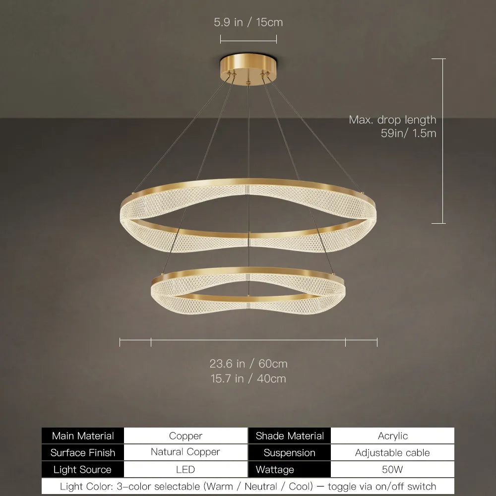 Two Tier Gold Chandelier with Acrylic LED Rings for Dining