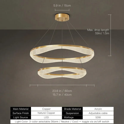 Two Tier Gold Chandelier with Acrylic LED Rings for Dining