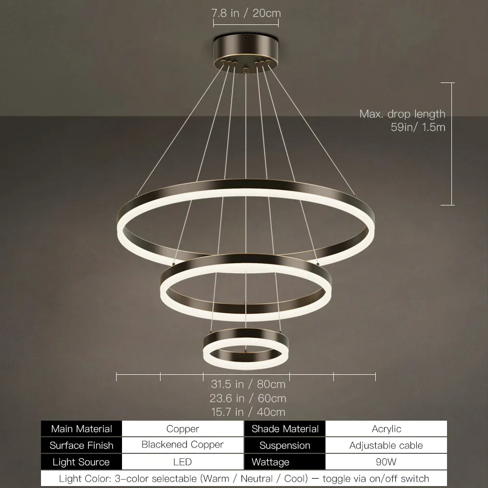 LED ring chandelier dimensions: 24, 32, 39, or 47 inch diameter with 59 inch max drop