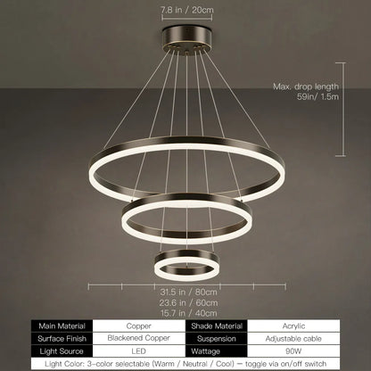 LED ring chandelier dimensions: 24, 32, 39, or 47 inch diameter with 59 inch max drop